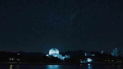 Illuminated Dome Building under Starry Night Sky &ndash; Peaceful Cityscape Reflection