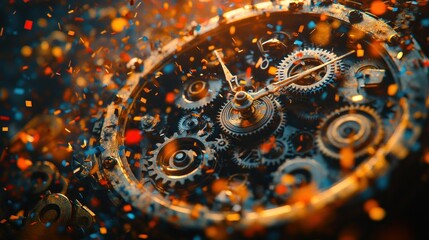 Close-up of a timepiece's intricate gears, surrounded by vibrant confetti