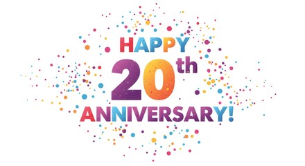 Colorful HAPPY 20th ANNIVERSARY! with dots on white background, ideal for celebration templates.