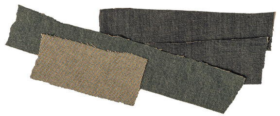 Isolated black denim scraps of fabric with copyspace on white background