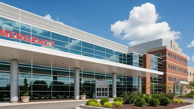 Modern hospital exterior with emergency entrance.