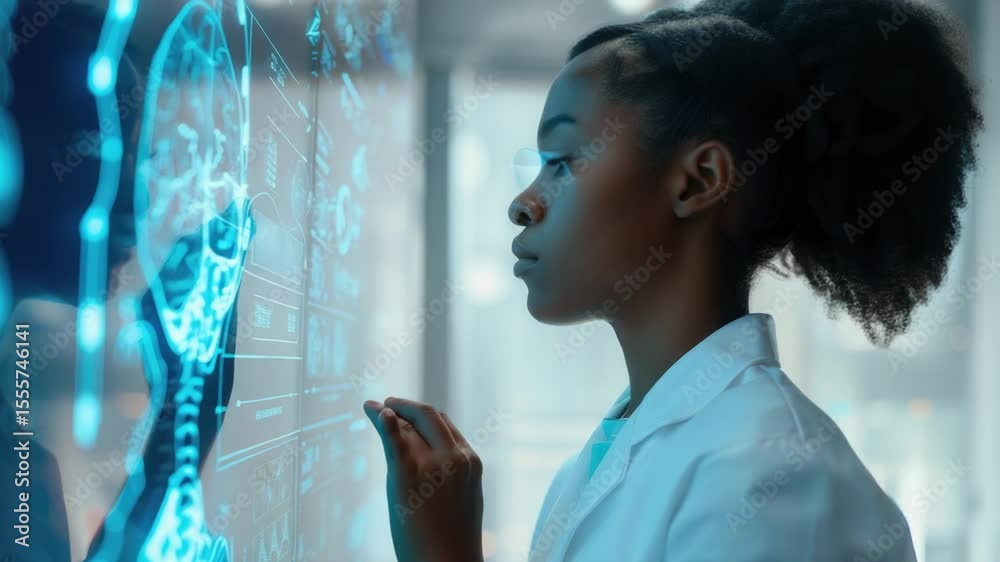 Poster a woman wearing a lab coat looks at a computer screen, possibly reviewing data or monitoring a syste