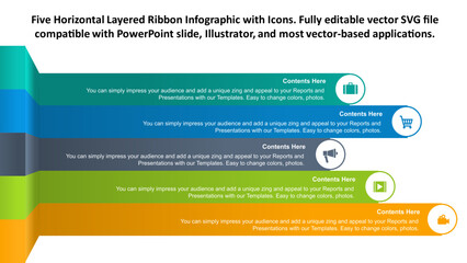 Five Horizontal Layered Ribbon Infographic with Icons. Fully editable vector SVG file compatible with PowerPoint slide, Illustrator, and most vector-based applications.