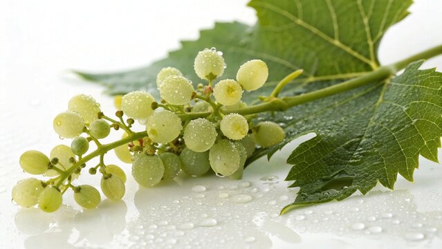 Fresh Green Grapes with Water Droplets and a Leaf on White Background
