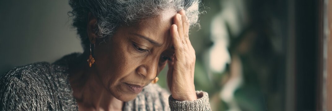 A woman shows signs of stress and exhaustion, highlighting the emotional toll on caregivers from underserved communities during a quiet moment.