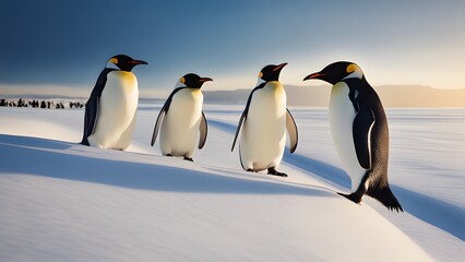 Obraz premium Calm moment of penguins on fresh snow surface in bright winter daylight