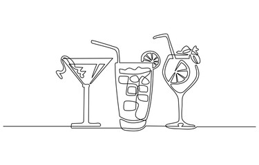 continuous one line drawing of exotic cocktail drinks. Cocktail drink continuous one line drawing. Black and white sketch vector illustration.
