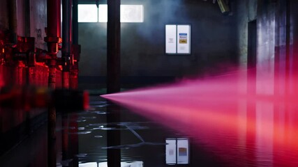 Fire sprinkler activates, spraying water in a dimly lit industrial space with reflections on the floor, Fire Sprinkler Activates And Sprays Camera POV - Powered by Adobe