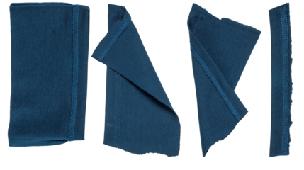 Isolated collection of blue diffirent scraps of fabric with copyspace on white background