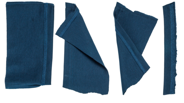 Isolated collection of blue diffirent scraps of fabric with copyspace on white background