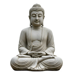 Fototapeta premium A serene stone Buddha statue in a meditation pose, with a peaceful expression, ideal for spiritual decoration. Isolated on white or transparent background. PNG format.