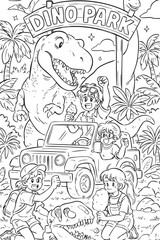 Fun black and white coloring page showing excited kids visiting a dinosaur park with a giant T-rex, off-road jeep, palm trees, fossils and snacks. Perfect for children.