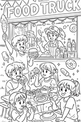 Cheerful black and white coloring page featuring happy kids enjoying burgers, pizza, fries and donuts at a food truck stand, with a friendly vendor and fun details like popsicles and drinks. 