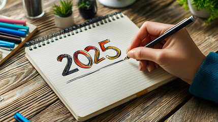 Woman Writing 2025 Goals On Notebook At Wooden Table