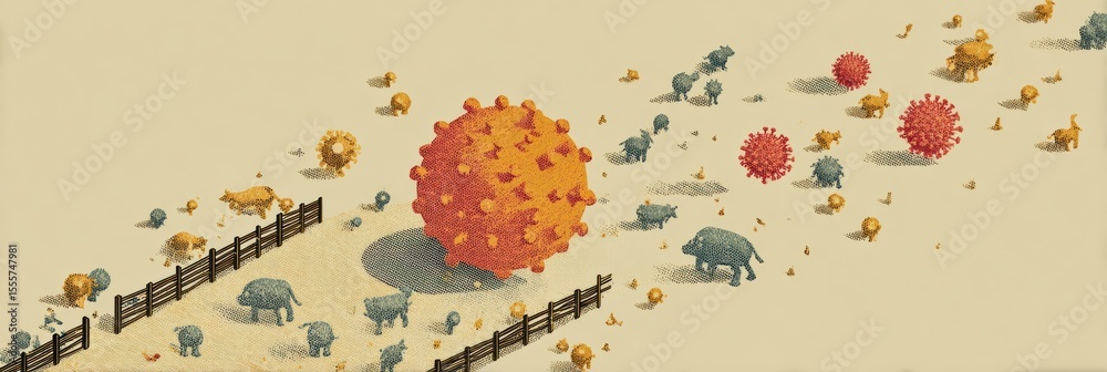 Poster illustrated infographic depicts the concept of herd immunity, showcasing the interaction between ani