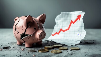 Cracked piggy bank on broken ground with coins scattered around, symbolizing fragile economy and financial instability 