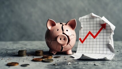 Cracked piggy bank on broken ground with coins scattered around, symbolizing fragile economy and financial instability 