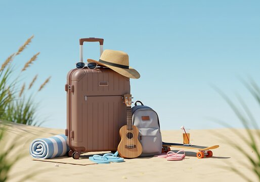 Summer travel essentials include suitcase, beach items, and leisure activities
