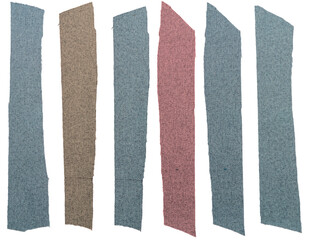 Isolated collection of pastel color scraps of fabric with copyspace on white background