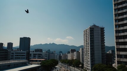 Fototapeta premium Peace Memorial and Cityscape at Sunset – Hiroshima Skyline with Mountain View