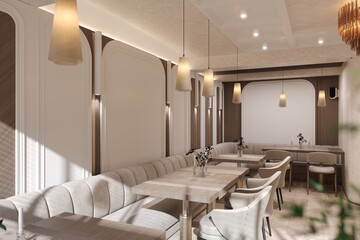Chic minimalist café interior with soft beige tones, elegant pendant lights, and cozy upholstered seating. The space features arched wall panels, wood accents, and simple floral decor, creating a calm