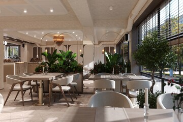 Bright modern café interior with large windows, abundant green plants, and elegant wooden furniture. The space is filled with natural light, warm tones, and soft textures, creating a welcoming and sty