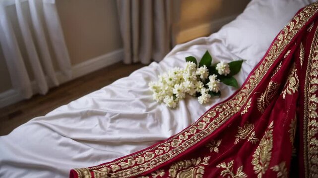 Red and gold sari on bed with white flowers
