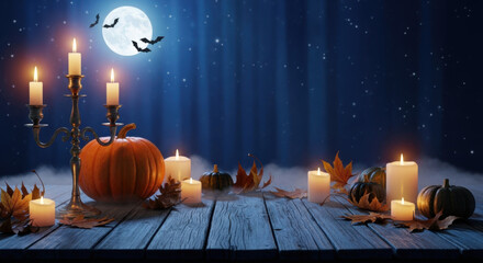 Pumpkins and candles create a spooky halloween night scene