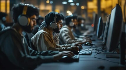 Many people in a computer room at night, wearing headphones, working at computers