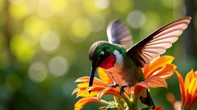 A vibrant hummingbird gracefully sips nectar from a flower, its iridescent gorget feathers shimmering in the dappled sunlight, captured in stunning 4k footage.