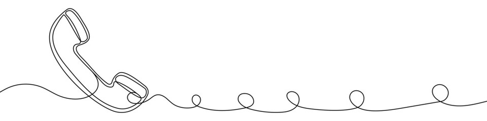 Black telephone receiver in one line art style. Telephone receiver drawing with editable stroke on white background. Vector illustration.