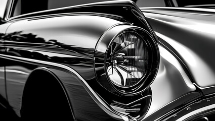 Close-up black and white image of a highly polished vintage car's headlight and fender.