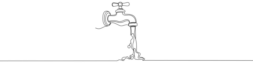 Black water tap with flowing water in one line art style. Tap drawing with editable stroke on white background. Vector illustration.