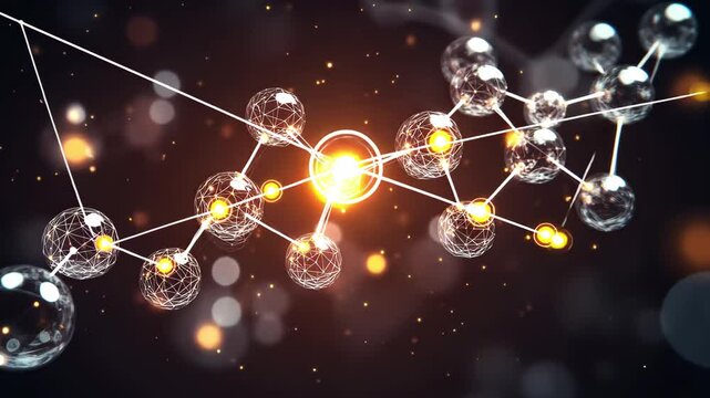 Abstract molecular structure with glowing connections showcasing scientific beauty and complexity, Abstract molecular structure with glowing connections and particles on a dark background