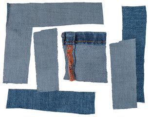 Isolated collection of blue denim scraps of fabric with copyspace on white background