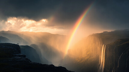 Epic Waterfall and Rainbow at Golden Hour