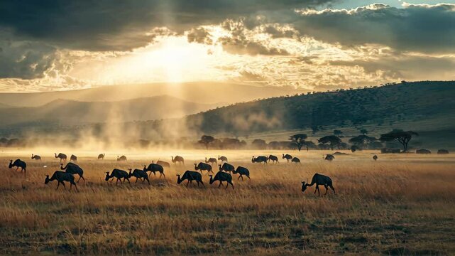Wild ostriches grazing in a Tanzanian National Park at sunset, Wild ostriches feeding in a National Park in Tanzania