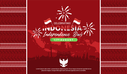 Independence Day of Indonesia 80th anniversary 2025 with red white batik Parang background. Indonesia landmarks, festive fireworks and map. Dirgahayu Indonesia 80, 17 august 2025 template