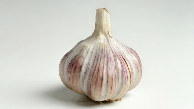 Close-up shot of a garlic bulb on a white background