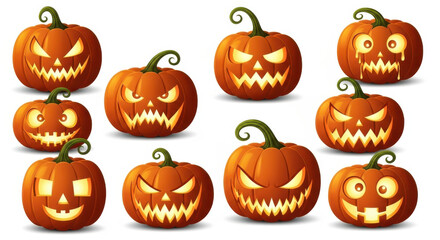Collection of spooky halloween jackolanterns isolated on white background