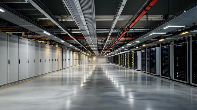 Modern large data centre interior featuring rows of empty server racks and advanced infrastructure, Empty interior of large modern data centre with rows of server racks