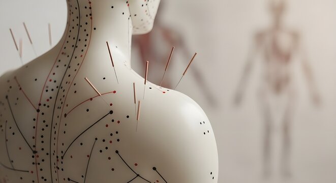 Acupuncture treatment with needles on a human body model