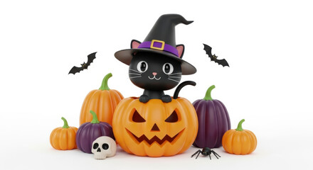 Cute halloween black cat with pumpkins on white background