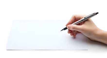 Hand holding pen writing on white paper