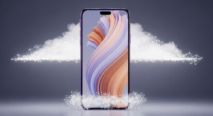 Smartphone with abstract cloud network on a gray background
