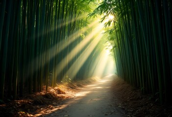 Fototapeta premium Sunlit Path Through Emerald Bamboo Forest Serene Mystical and Ethereal.