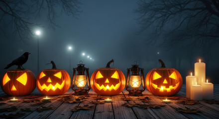 Spooky halloween pumpkins and candles at night in the fog