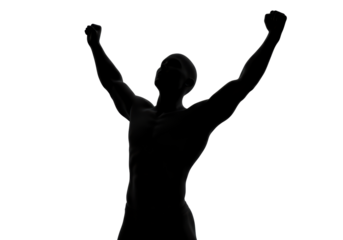 Isolated Silhouette of Muscular Man Raising Arms in Victory