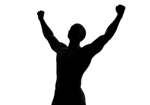 Isolated Silhouette of Muscular Man Raising Arms in Victory