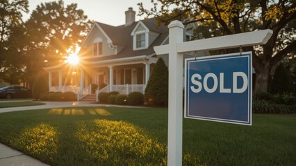 Suburban Home Sold: Sign displayed in front of beautiful house at golden hour. Property acquisition complete.